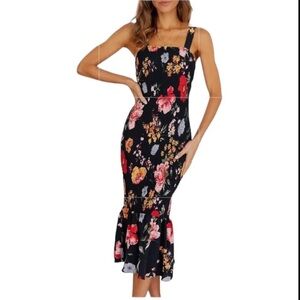 PRETTYGARDEN Floral Midi Tank Sleeveless Ruffle Hem Smocked Bodycon Dress SZ L